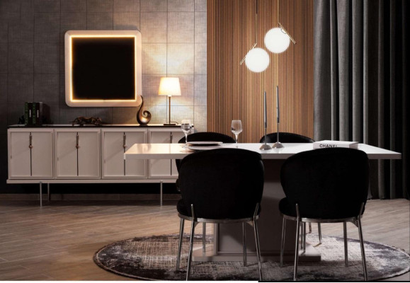 Eetkamer set Moderne set Eettafel 4x gestoffeerde stoelen Dressoir 7-delig