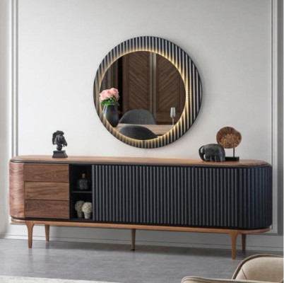 Stijlvolle set Ontwerper Bruine dressoir Ronde spiegel 2-dlg Hout Set