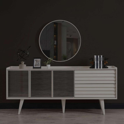 Wit dressoir Luxe ronde spiegel Designer houten meubels 2-delig set Nieuw