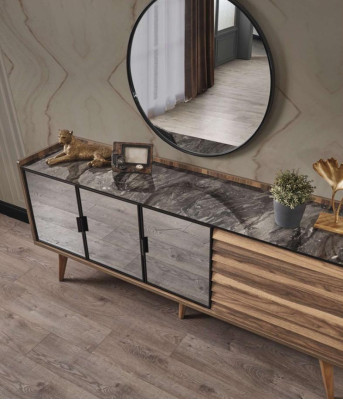 Bruine eetkamerset Stijlvol dressoir Ronde spiegel Houten meubels 2-delig