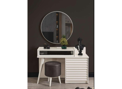Witte make-uptafel met laden Ronde fauteuil Console Luxe poef 3-dlg.