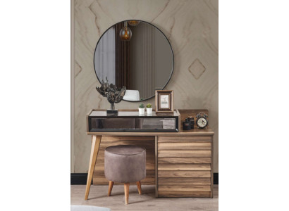 Bruine houten kaptafel met ronde spiegel, ontwerpersslaapkamer 2-delige setconsole.