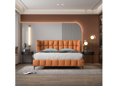 Oranje dubbel bed slaapkamer meubels textielbedden houten frame stijlvol