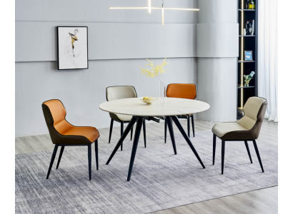 Beige ronde eettafel - ronde tafel 4x gestoffeerde stoelen - ontwerper eetkamer