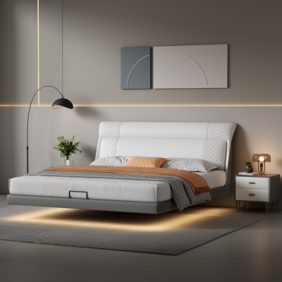 Witte slaapkamer bed Ontwerper leren bedden Stoffen bedden Tweepersoonsbedden