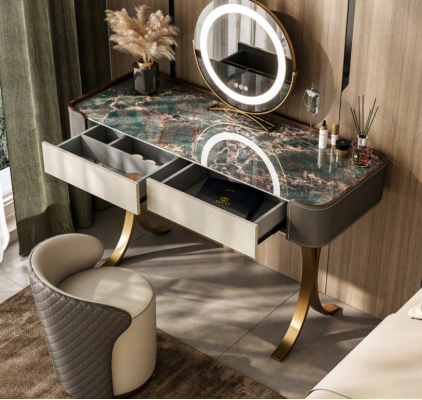Beige make-uptafel, designer kaptafels, luxueuze laden, houten meubels.