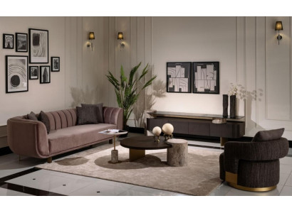 Woonkamerset Bank Fauteuil Bruin Stof Salontafel Set 5-delig RTV