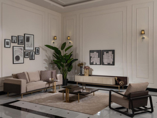 Volledige woonkamerbank salontafels 6-dlg stoffen bank beige hout modern