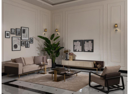 Volledige woonkamerbank salontafels 6-dlg stoffen bank beige hout modern
