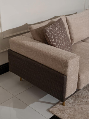 Volledige woonkamerbank salontafels 6-dlg stoffen bank beige hout modern