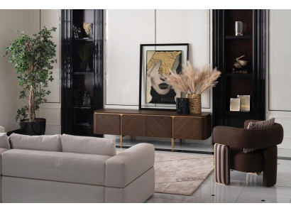 Garnituur hoekbank fauteuil stoffen bank RTV lowboard beige modern 3-delige set