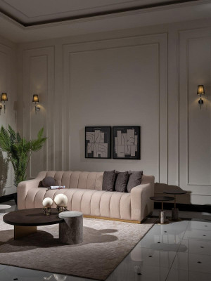 Garnituur woonkamer driezitsbank salontafels 4-delig stoffen bankstel beige hout