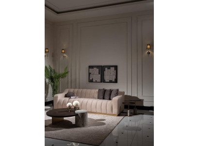 Garnituur woonkamer driezitsbank salontafels 4-delig stoffen bankstel beige hout