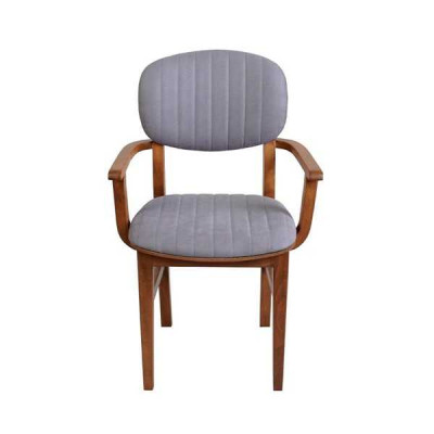 Grijsbruine houten designstoel luxe eetkamerstoel met armleuning.
