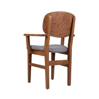 Grijsbruine houten designstoel luxe eetkamerstoel met armleuning.
