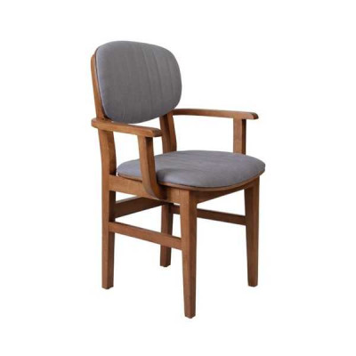 Grijsbruine houten designstoel luxe eetkamerstoel met armleuning.