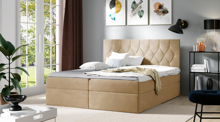 Luxe boxspring bed hotel bedden gestoffeerde functie opbergbox 180x200cm beige
