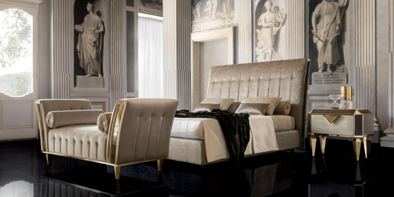 Bed 2x Nachtkastje Chaiselounge 4-delige Slaapkamer Set Meubels Modern Luxe Bedden
