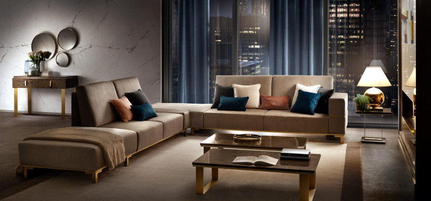 Hoekbank bank stoffen bank woonlandschap luxe meubels L-vorm salontafel 2 stuks