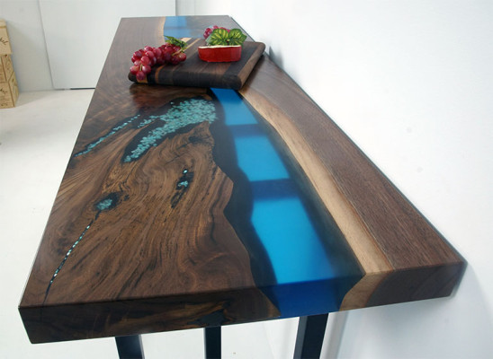 Eettafel River Table Echt hout Massief Epoxyhars Tafels 260x100 Nieuw