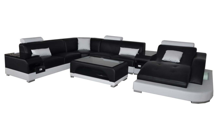 Leren bank met USB Moderne zitbank Gestoffeerd ontwerp Hoekbank + Tafel + Licht