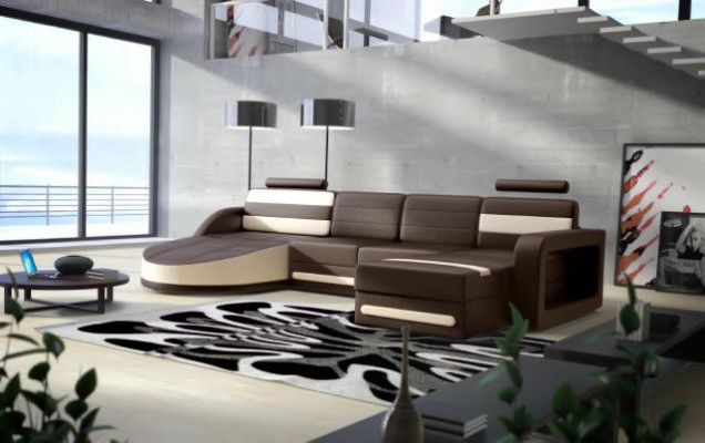 WOONLANDSCHAP LEDEREN BANKSTEL XXL HOEKSOFA + USB SET ONTWERP HOEKCOUCH Bruin Nieuw