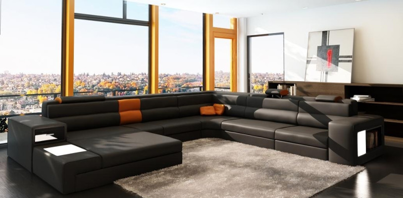 Lederen bank bank woonlandschap hoekbank fauteuil set garnituur modern bankstel.