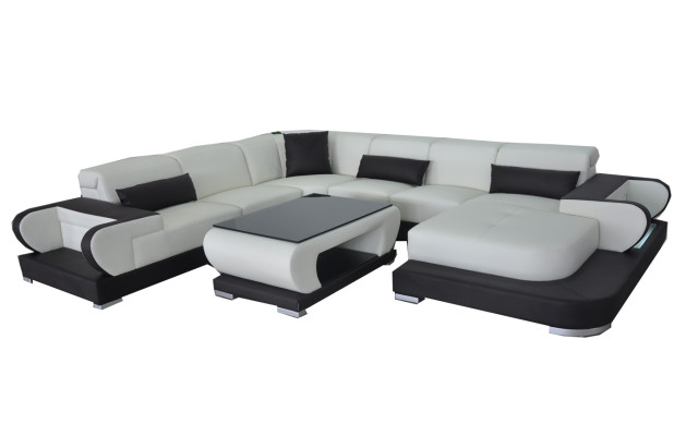 Hoekbank met USB-lederen woonlandschapset Modern ontwerp Bank + Tafel