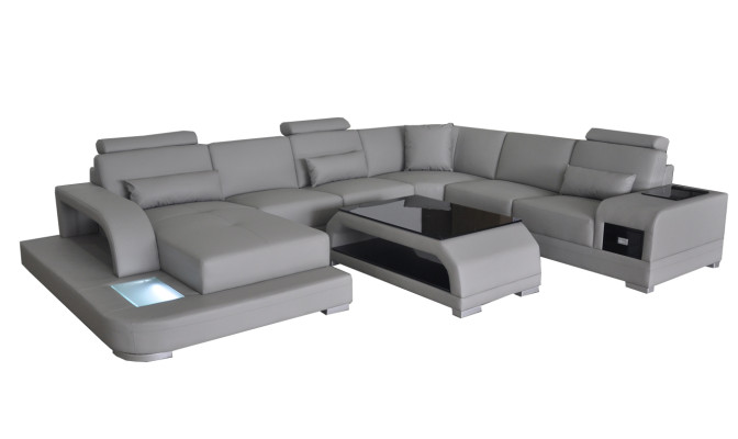 Hoekbank met USB-bekledingbank grijs lederen garnituur moderne woonlandschap