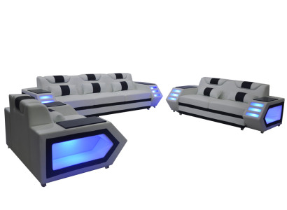 Bank Bank Zitkussen Volledige Groep Set Lederen Bekleding 3+2+1 + LED + USB Nieuw