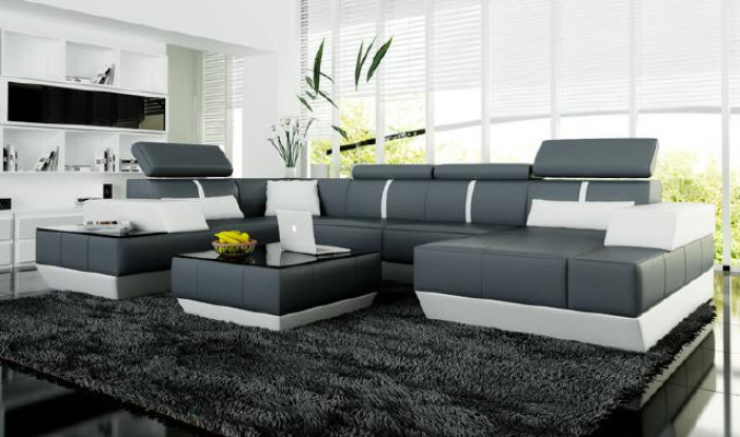 Ledersofa + USB Woonlandschap Bank Hoekbank Leren bank Poster Hoek Bank Nieuw