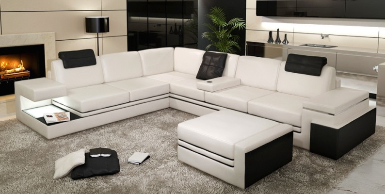 Moderne hoekbank ontwerp bank bekleding hoek leer textiel bank LED woonlandschap