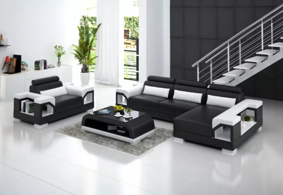 Hoekbank L-vorm Fauteuil Salontafel Moderne bank Leren bank Hoekbank Bekleding 4-delig Set