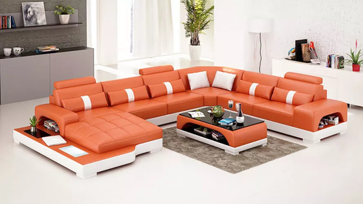 Moderne bank hoekbank U-vorm salontafel leren bank hoekbank gestoffeerd oranje luxe