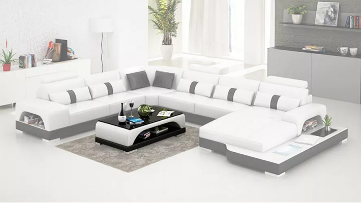 Moderne bank hoekbank U-vorm salontafel leren bank hoekbank gestoffeerd oranje luxe