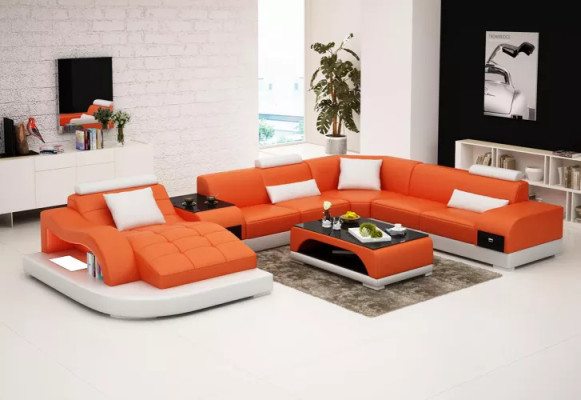 Hoekbank U-vorm Fauteuil Salontafel Moderne bank Leren bank Hoekbank Bekleding 2-delig set