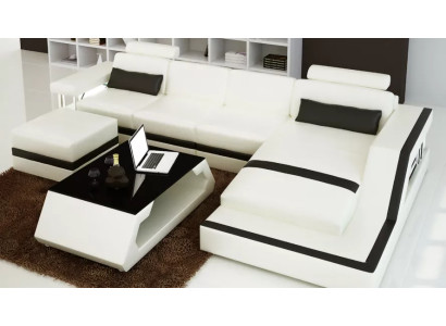 Leren hoekbank L-vorm Salontafel Puff Woonlandschap Moderne bank 3 delig nieuw Leer hoekbank L-vorm Salontafel Poef Woonsfeer Moderne bank 3-delig nieuw