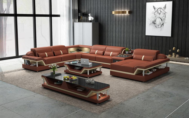 Perfecte harmonie Grote leren hoekbank in U-vorm voor een stijlvol woonkamer.