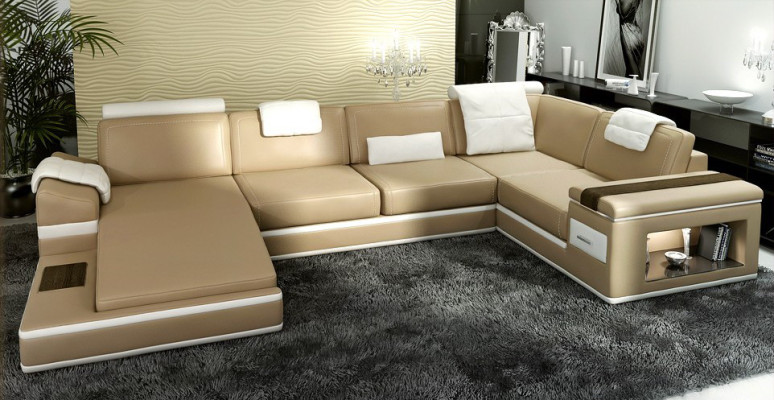 Hoekbank Bank Bankstel Lederen Set Woonlandschap Hoek Wonen Beige