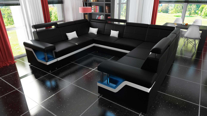 Leren bank met USB Big XXL bank hoekbank woonlandschap bank bekleding zetel LED