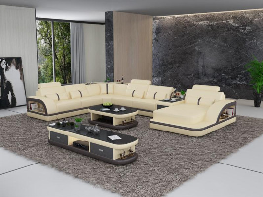 Sofaset + USB Luxe Designer Bank Bekleding 3+2+1 Lederen Bank Zit Beige NIEUW