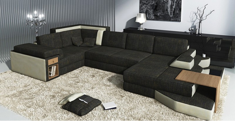 XXL Design Grote Bank met USB, Hoekbank Bankstel Woonlandschap U Vorm Leer Textiel Hoek