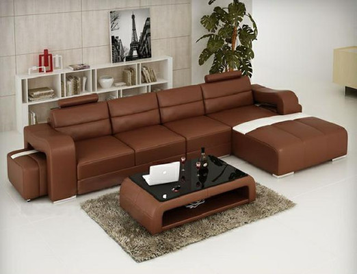 Leren hoekbank + USB Bank Ontwerp Woonlandschap Bekledingsset Bank L-vorm