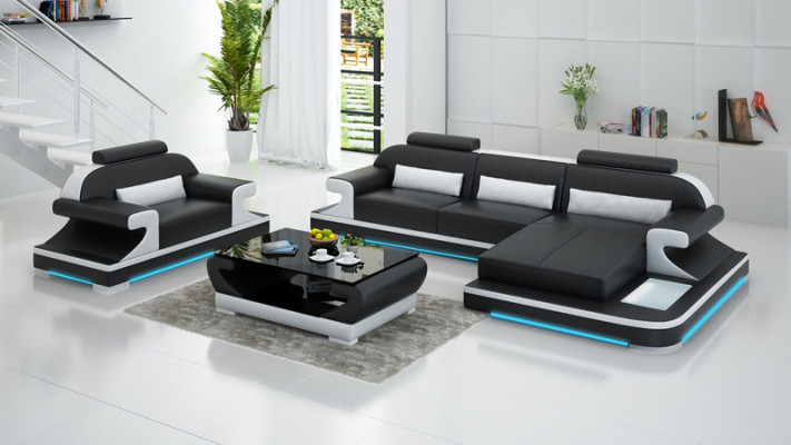 Ledersofa Bank Woonlandschap Hoekbank + Fauteuil Nieuwe set Designbank G8021E