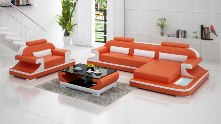 Ledersofa Bank Woonlandschap Hoekbank + Fauteuil Nieuwe set Designbank G8021E