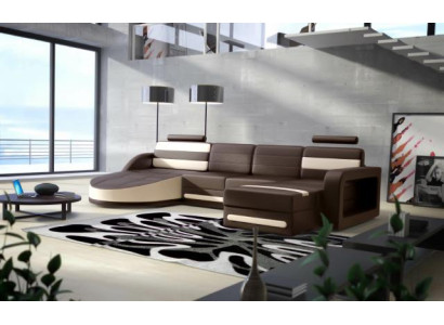 WOONLANDSCHAP SOFA SET ONTWERP HOEKBANK Bruin-Beige LEDEREN BANKSTEL XXL HOEKBANK