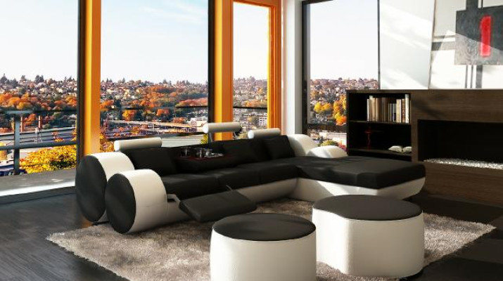 ONTWERP LEDEREN BANKSTEL MET USB, LEDEREN HOEKBANK WOONLANDSCHAP LEDEREN BANKSTEL