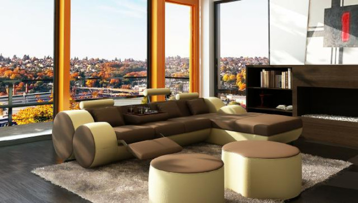 ONTWERP LEDEREN BANKSTEL MET USB, LEDEREN HOEKBANK WOONLANDSCHAP LEDEREN BANKSTEL