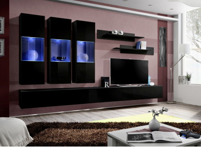 Set 7-delige woonkamer houten meubels 2x tv-standaard Moderne wandplanken Zwart