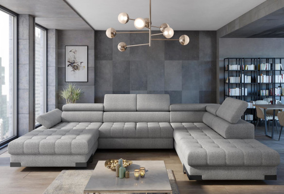 Woonlandschap hoekbank stof U-vorm slaapfunctie bankstel design stofbekleding hoek.